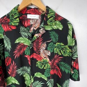 Kollar Hawaiian Shirt Mens M Black Tiger Tropical Loop Collar Camp Floral Mesh